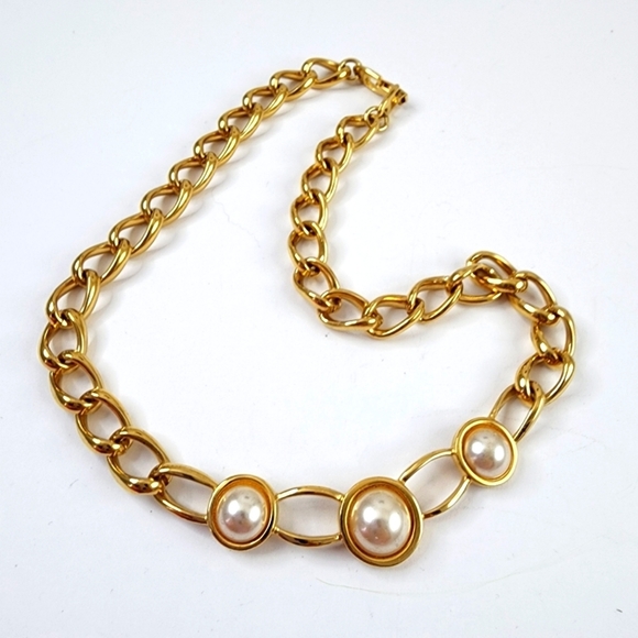 Vintage Napier Chunky Chain Necklace Open Link Cream Faux Pearl Cabochons - Picture 6 of 11